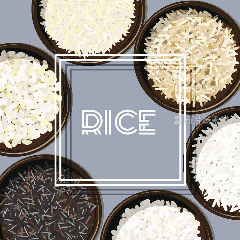 碗里有不同种类的米饭。印度香菇，野香，茉莉花，棕色长条，arborio，寿司。筷子