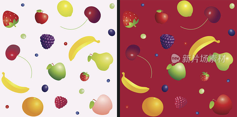 水果和浆果无缝彩色图案在粉红色和红色的背景