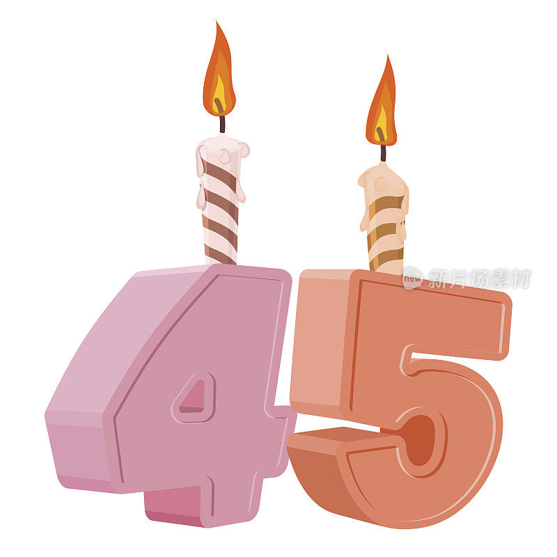 45岁的生日。数字与节日蜡烛为节日蛋糕。45周年