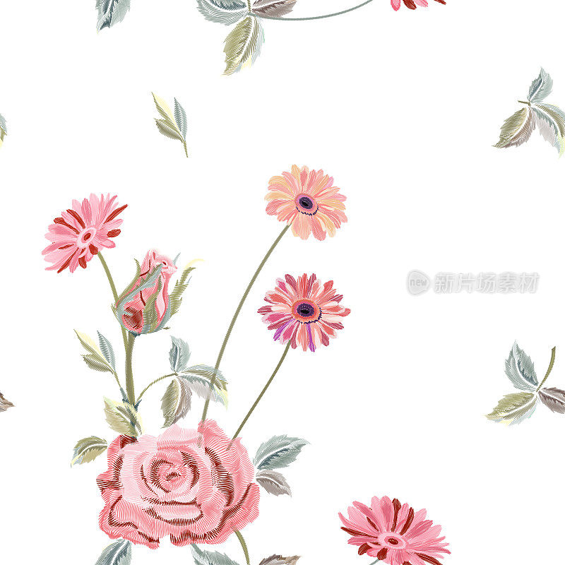 矢量方形花卉无缝模式与粉红玫瑰，非洲菊，帆布刺绣。红色，粉红色的花朵，白色背景上的叶子，数字绘制，装饰为时尚，矢量