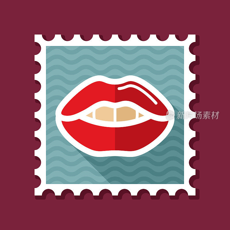女人的嘴唇邮票。有牙齿的女性嘴型