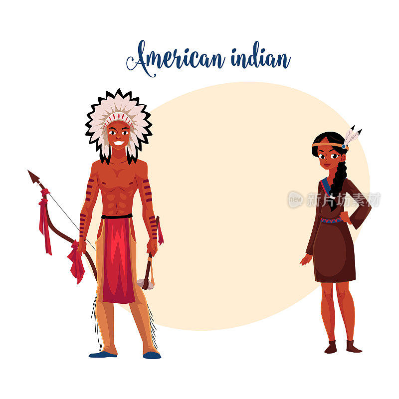 穿着传统鹿皮衣服和马裤的美国印第安土著夫妇