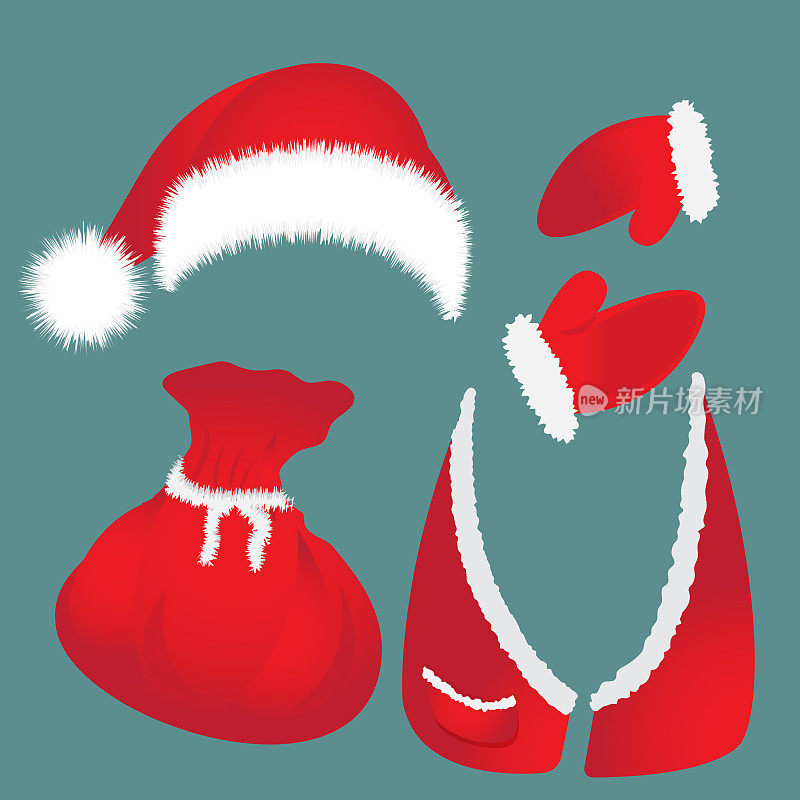 有绒球的帽子，袋子，背心，圣诞老人手套。