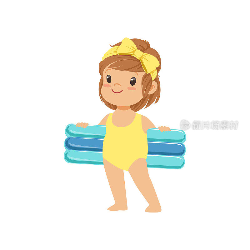 甜美的小女孩在黄色的泳衣拿着蓝色的充气床垫，孩子在海滩上玩耍，快乐的婴儿户外活动在夏季假期矢量插图