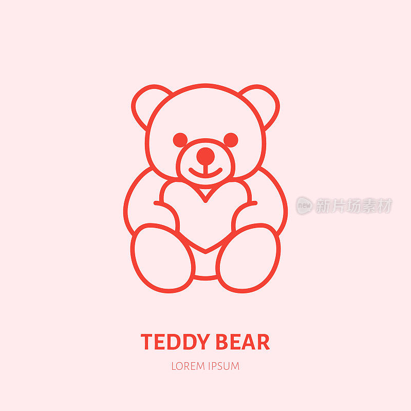 泰迪熊插图。毛绒平线图标，玩具店。情人节礼物标志