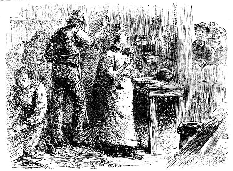 维多利亚时代的故事插图，一个年轻人站在木工店在他的围裙与他的工具在手中，一个年长的男人和其他学徒站在附近工作;19世纪的木工作坊1883年