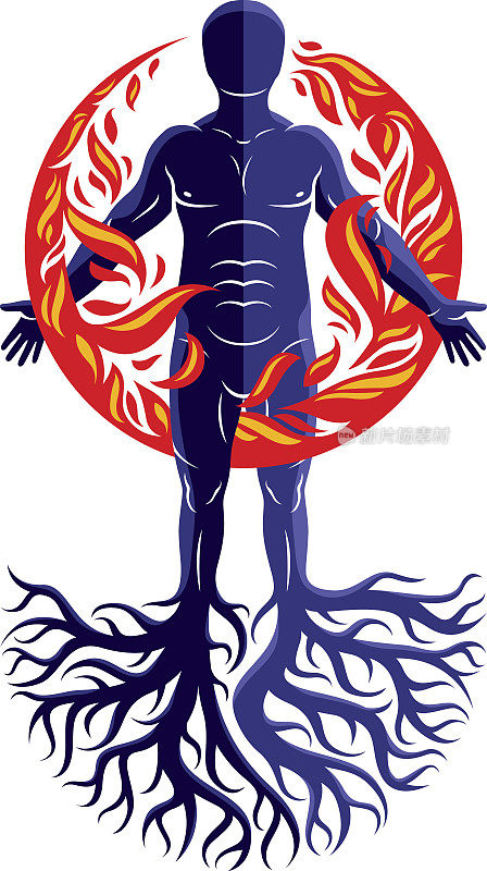 矢量插图的运动员组成与树根，火人作为一束强大的能量覆盖着一个火球。