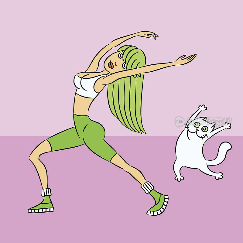 运动女孩和猫。矢量插图。