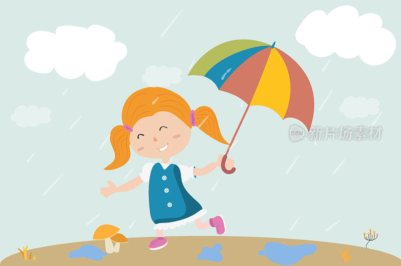 一个女孩拿着伞在雨中走。你好,秋天