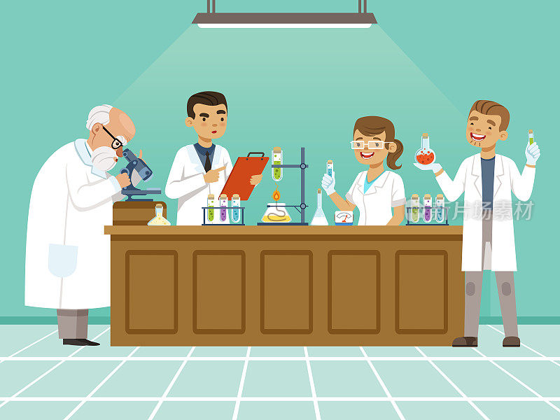 专业的化学家在他们的实验室里在桌子上做不同的实验。男女医务工作者