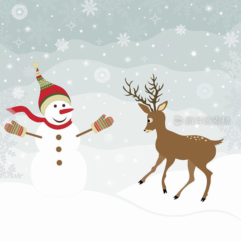 有雪人和鹿的圣诞贺卡
