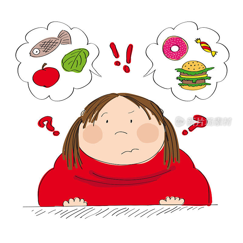 半信半疑的胖女人想着食物，试着决定吃什么，健康还是不健康的食物——原创手绘插画