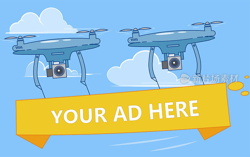 带有广告横幅的无人机在空中飞行。多直升机为你的生意做广告