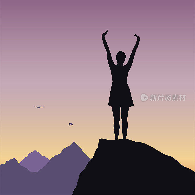 年轻的女孩站在岩石上，享受成功的山区景观与飞行的鸟-载体