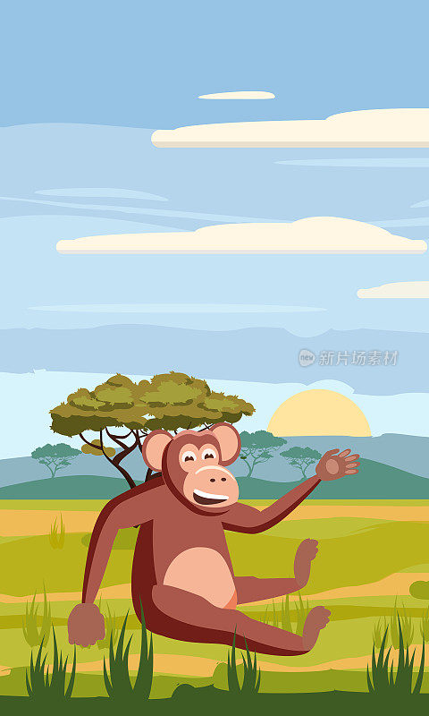 以猴子为背景的非洲大草原景观，卡通风格