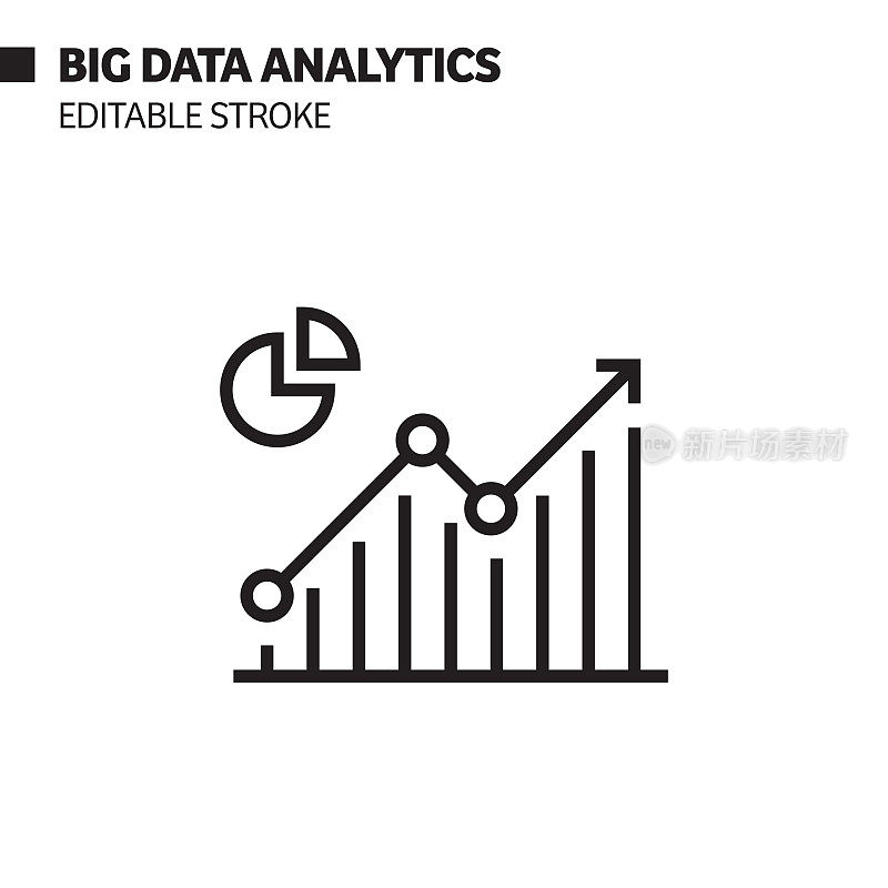 大数据分析线图标，轮廓向量符号插图。完美像素，可编辑的描边。