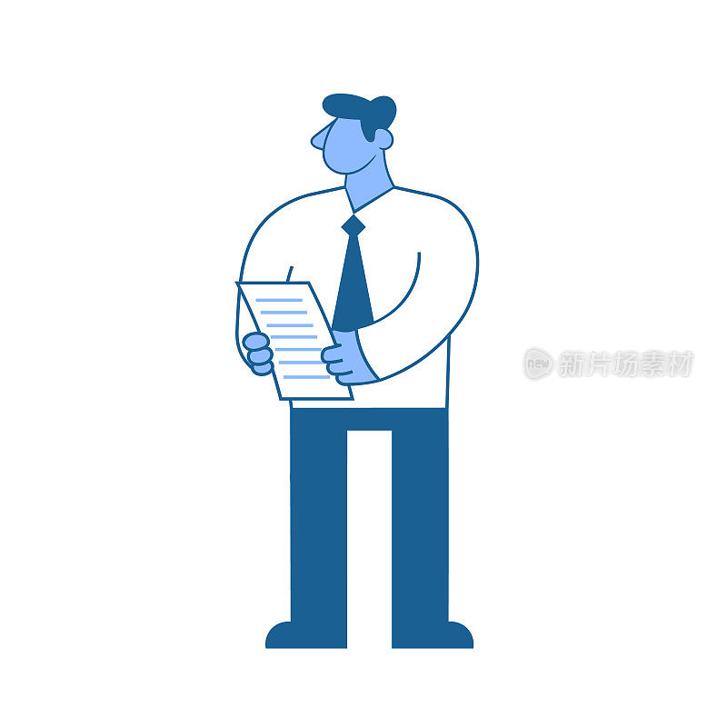 商人，穿白衬衫的人，手里拿着文件站着。字符矢量插图，孤立在白色背景上。