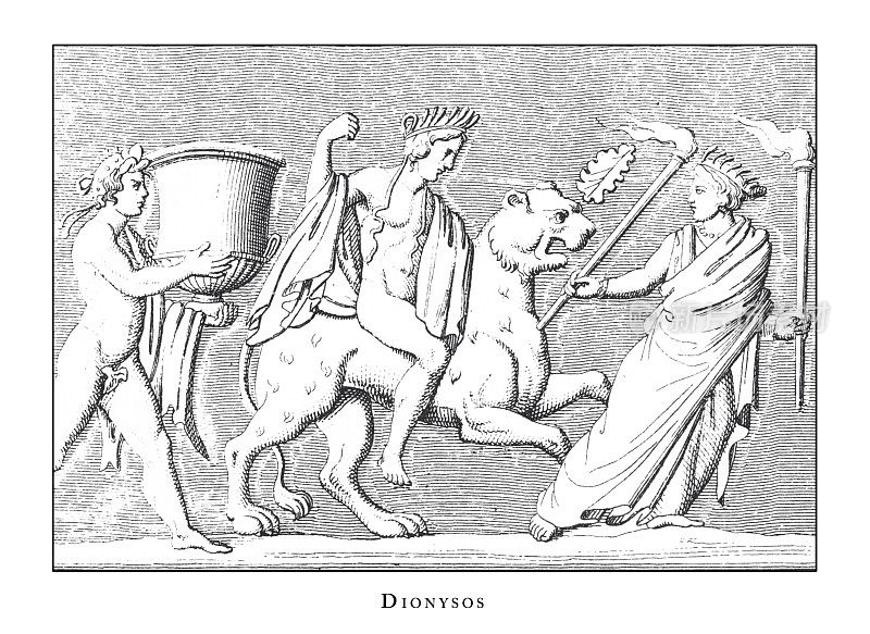 狄俄尼索斯，神和神话人物雕刻古董插图，出版于1851年