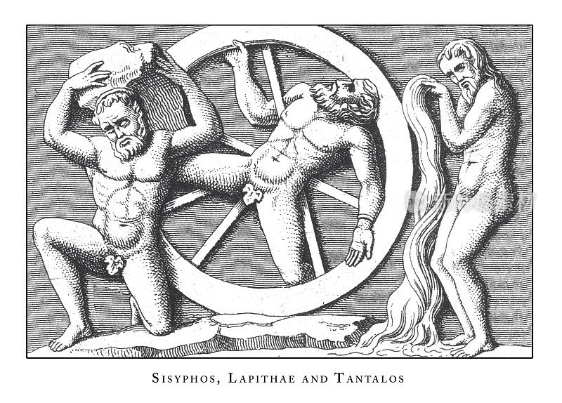 西西弗斯，拉皮塞和坦塔罗斯，神和神话人物雕刻古董插图，1851年出版，雕刻古董插图，1851年出版