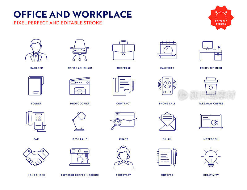 办公室和工作场所图标设置可编辑的笔触和像素完美。
