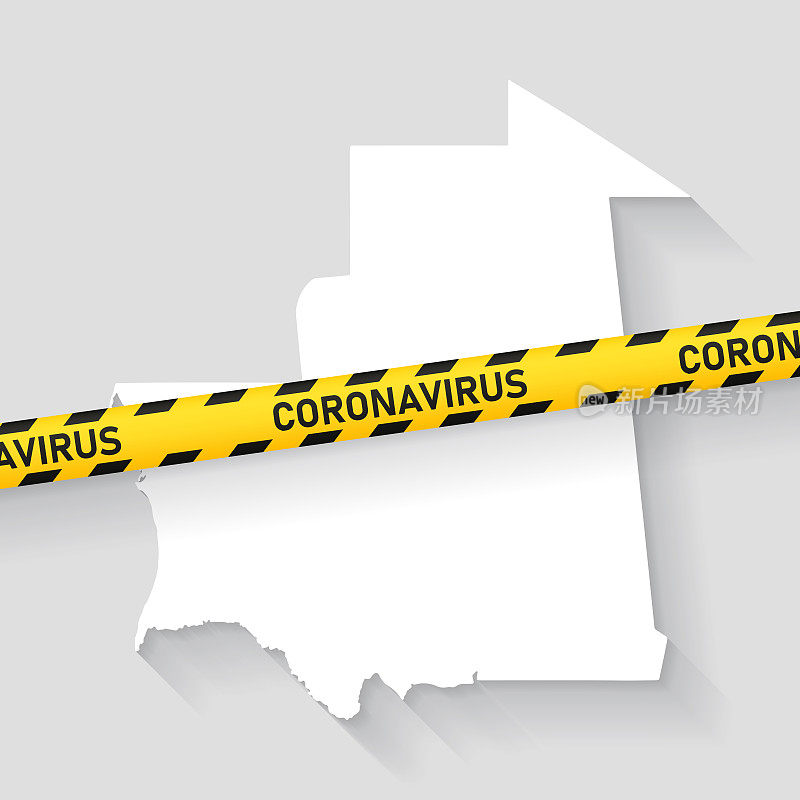 毛里塔尼亚地图与冠状病毒警告胶带。Covid-19爆发
