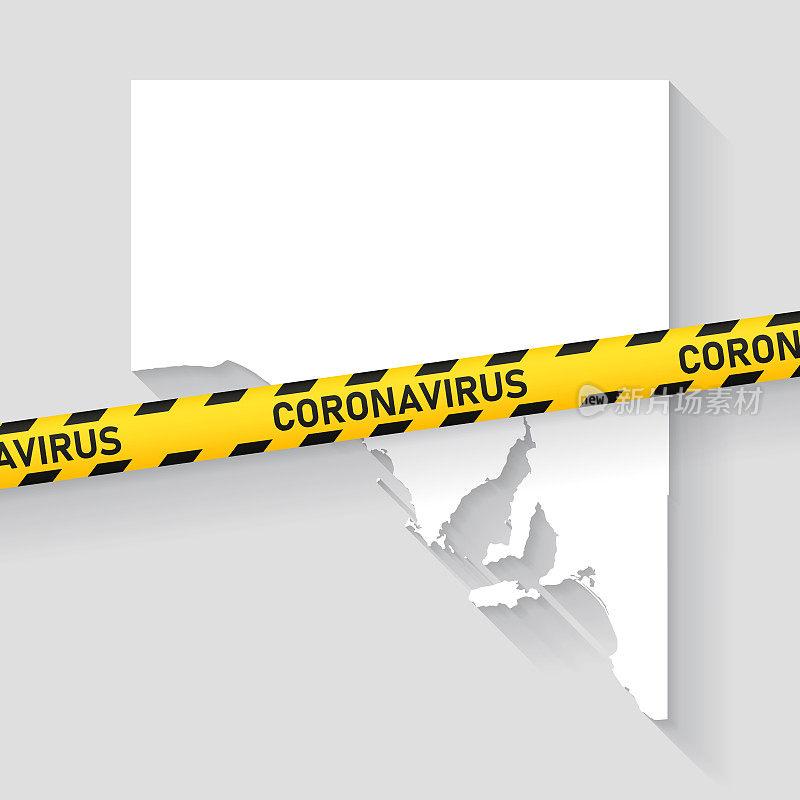 带有冠状病毒警告胶带的南澳大利亚地图。Covid-19爆发