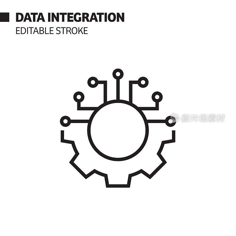 数据集成线图标，轮廓向量符号插图。完美像素，可编辑的描边。