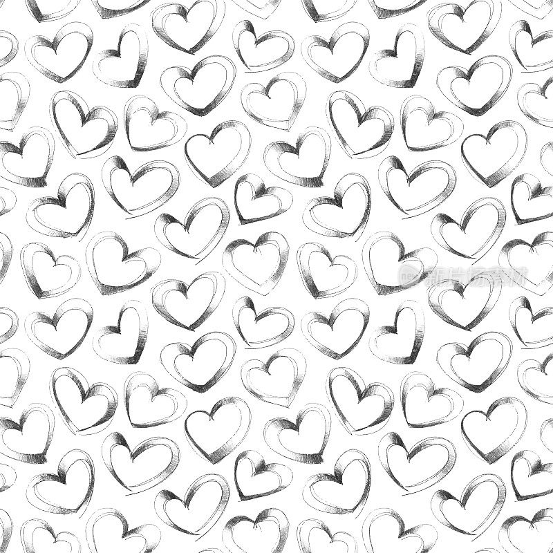 手绘黑色心形状孤立在白纸背景-涂鸦插图与不均匀的不完美轮廓心形状内阴影铅笔-物体矢量分散在正方形表面-无缝设计模式