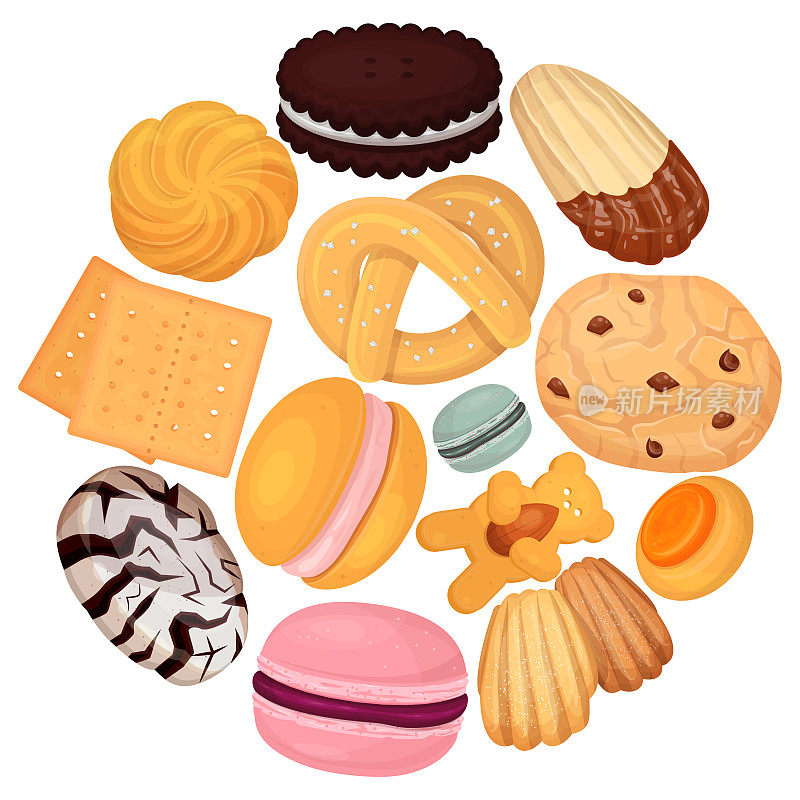 饼干糕点图案平面矢量插图。香甜的饼干甜甜圈，美味的甜食，设计为糖果