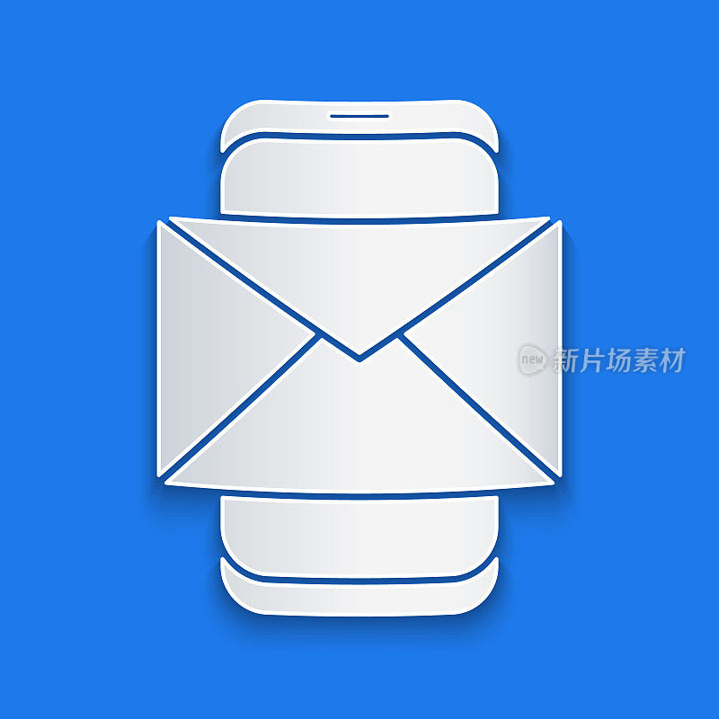 剪纸移动和信封，新消息，邮件图标孤立在蓝色背景。用于电子邮件时事通讯，标题，博客文章。纸艺术风格。矢量图