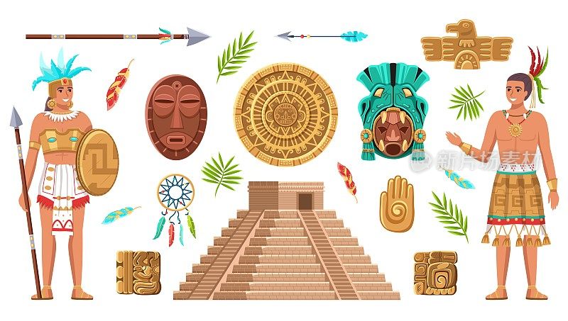 玛雅文明文化。印加和阿兹特克古代艺术，民族文物，印度人，历史遗产和地标，宗教面具和piramid矢量卡通孤立设置