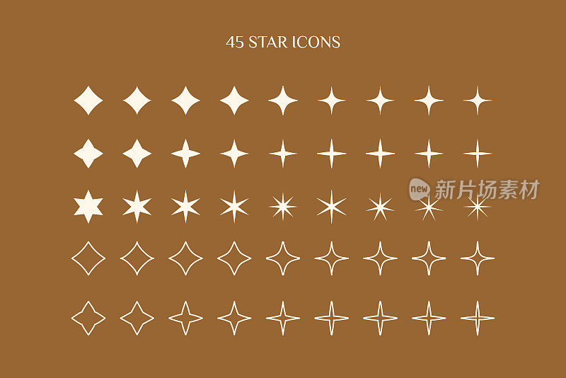 一组星形图标在一个极简的简单和线性风格。向量闪耀符号，闪烁，闪亮，发光的光效果