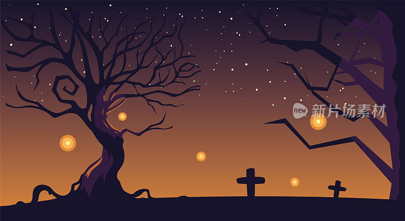 万圣节的背景与墓地和墓碑在晚上