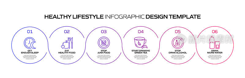 健康生活方式相关过程信息图表模板。过程时间图。使用线性图标的工作流布局