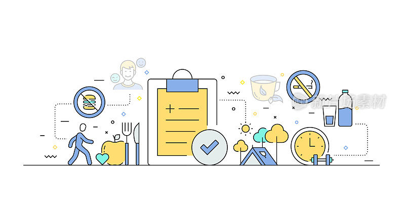 健康生活方式相关的现代线条风格矢量插图
