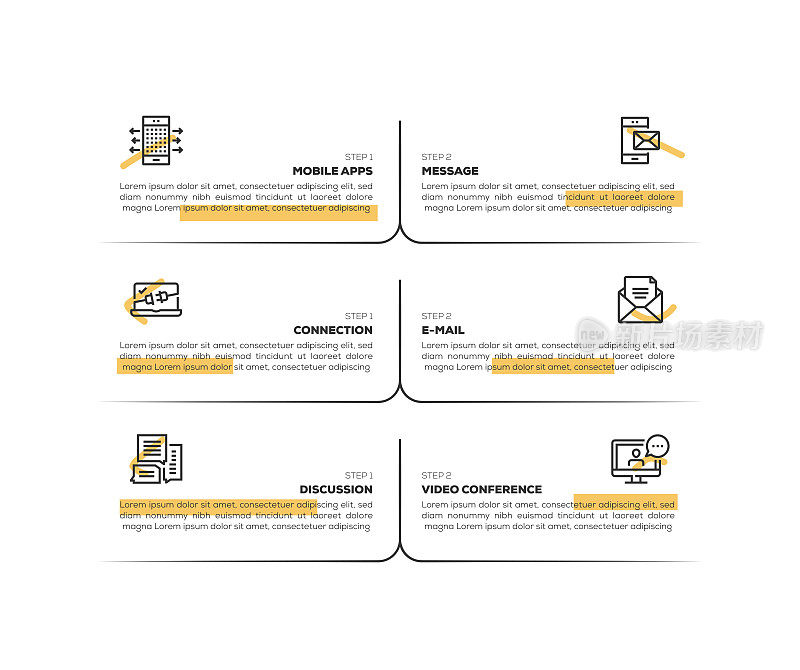 信息图表设计模板。移动应用程序，消息，电子邮件，视频会议，讨论，连接图标6个选项或步骤。