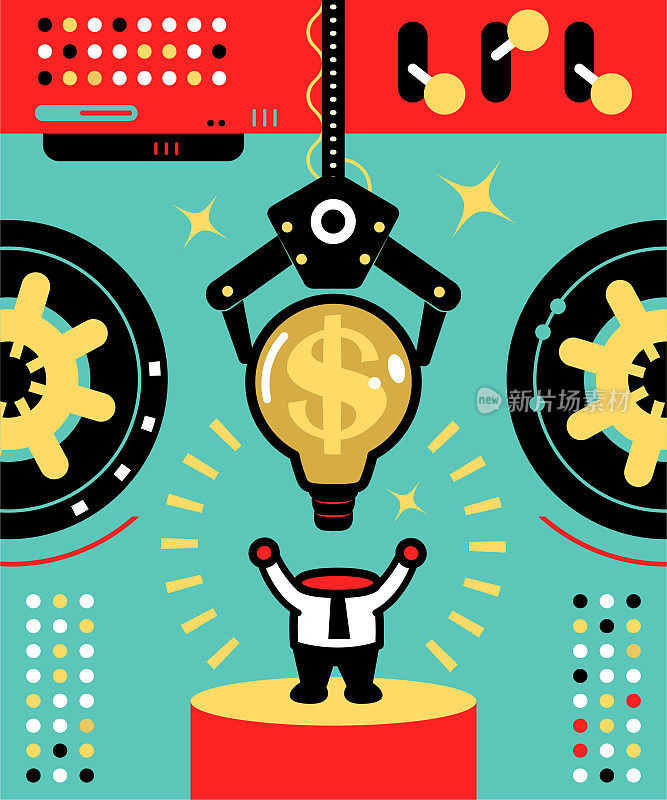 机器人手臂使用一个创意灯泡，上面有一个美元符号作为商人的头部;训练(重新连接)你的大脑来赚更多的钱(财务上的成功)