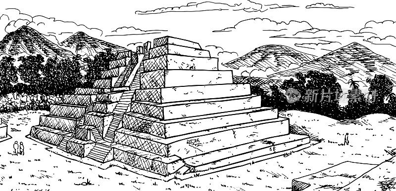 玛雅城市扎库留的塔鲁塔莱罗风格的神庙金字塔和双阶梯。危地马拉的一处前哥伦布时期的考古遗址。墨水画画。