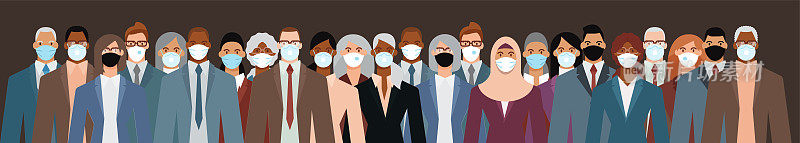 各行各业的人戴着口罩，保护自己不受疫情影响。平面设计矢量插图。
