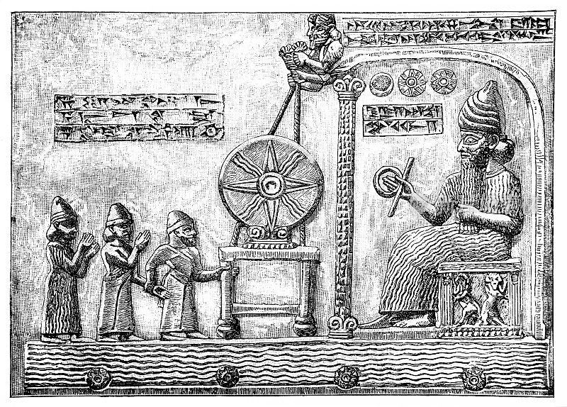 太阳神沙玛什在他的神殿，沙玛什碑是一块石碑在1881年从古巴比伦城市西帕尔在伊拉克南部发现