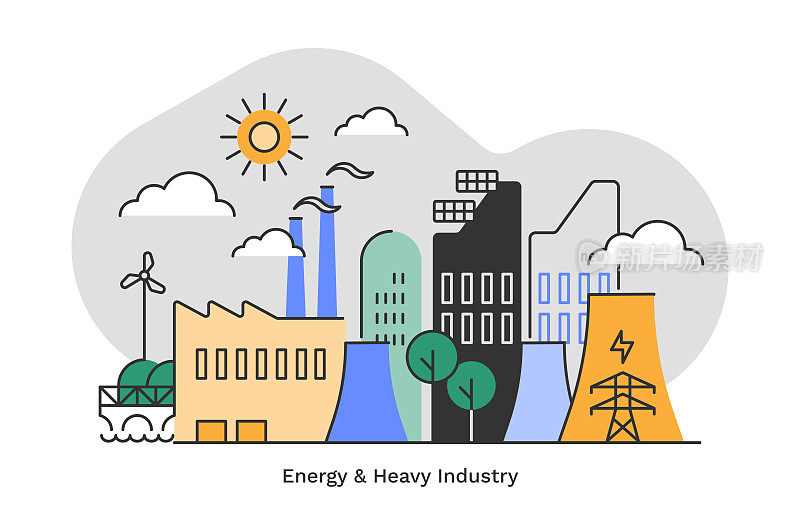 能源和重工业平面单线城市天际线插图与可编辑的笔触