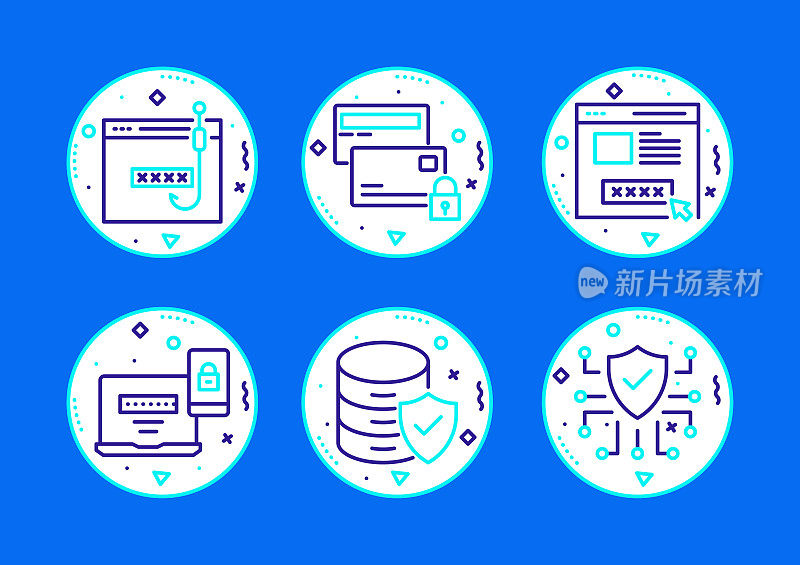网络安全，数据安全相关线路图标。矢量轮廓符号说明。