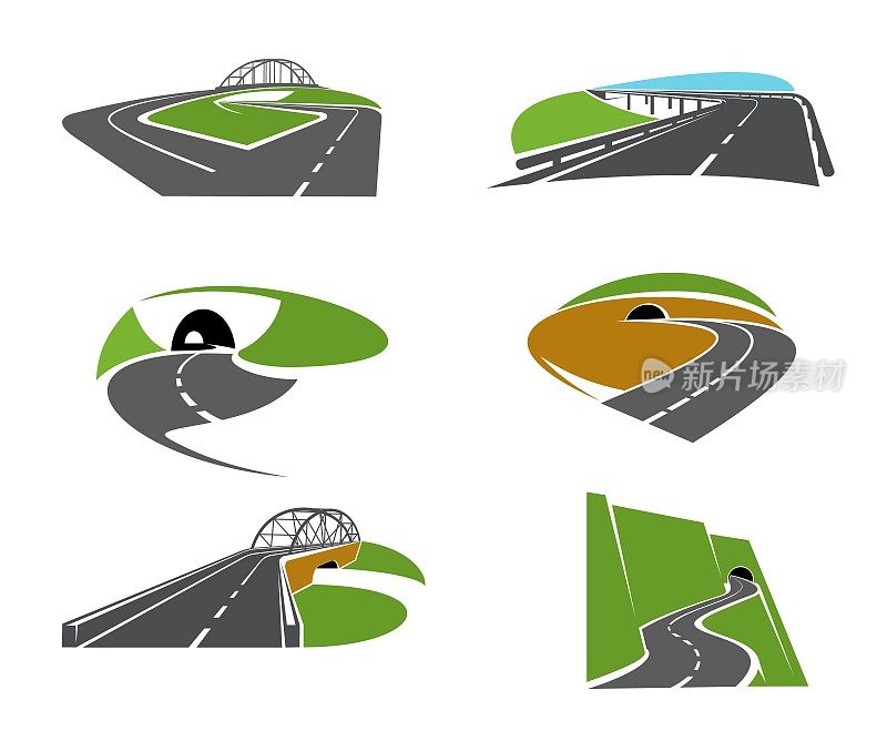 小路、高速公路公路标志，设有桥梁和隧道