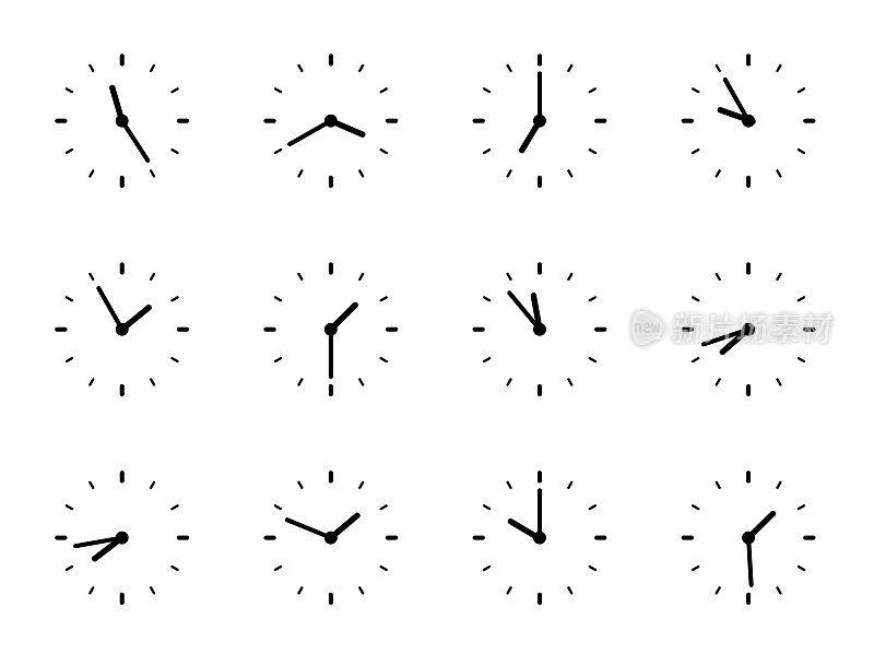 时钟时间差异集-矢量插图。不同时区的时间。箭头-钟面上的小时，分钟。时钟时间流逝。