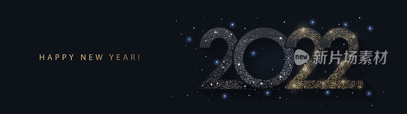 新年快乐横幅。现代设计与2022闪闪发光的黑色和金色数字与飘落的雪在夜空的背景。