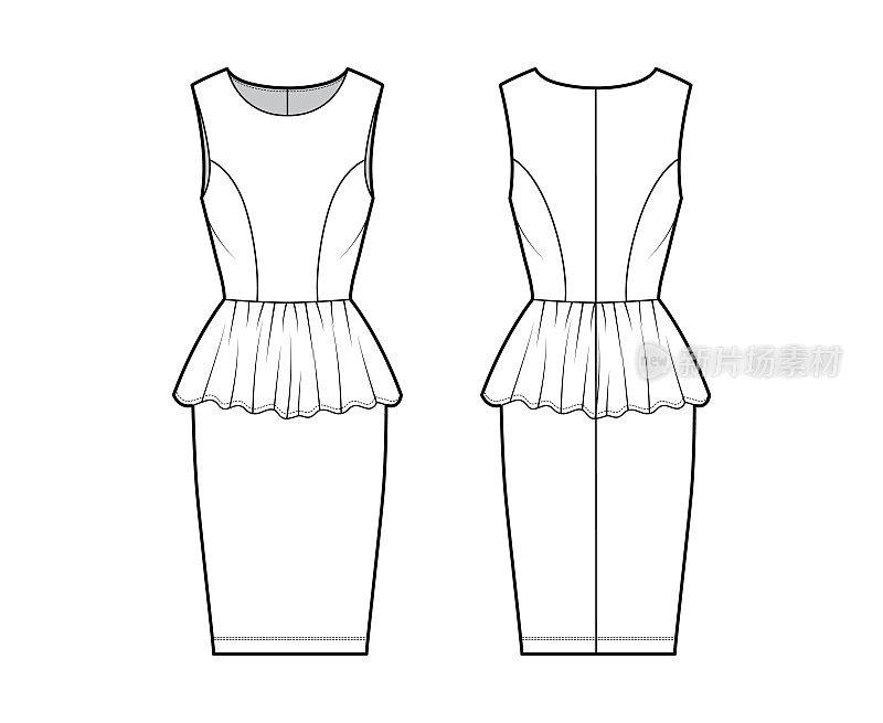 裙子裙摆技术时尚插图与无袖，合身的身体，及膝紧身裙，圆脖子。平