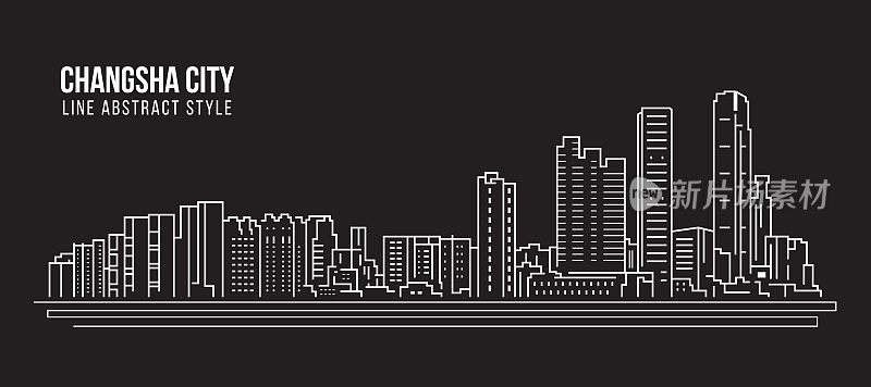 长沙市城市景观建筑线条艺术矢量插画设计