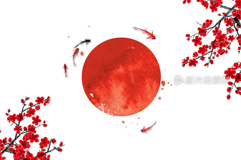 樱花、小鲤鱼、大红日，都是日本的象征。传统的日本水墨画