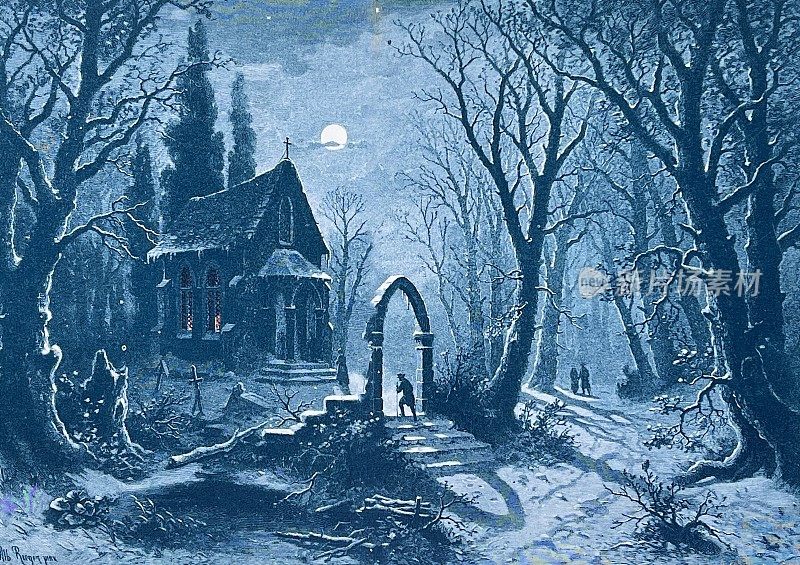 在去圣诞教堂午夜服务的路上，一个冬天的夜晚，满月在上面
