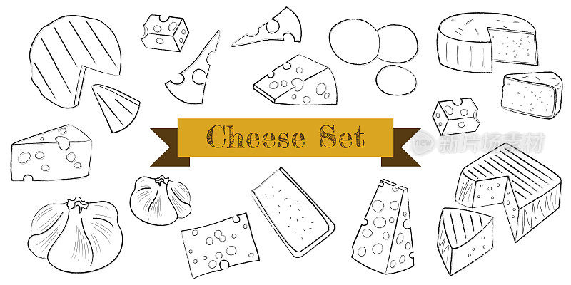 奶酪平线图标设置。勾勒乳制品商店的标志。奶酪设计模板。手绘矢量插图。极简风格不同的奶酪种类旗帜。古董食品背景。